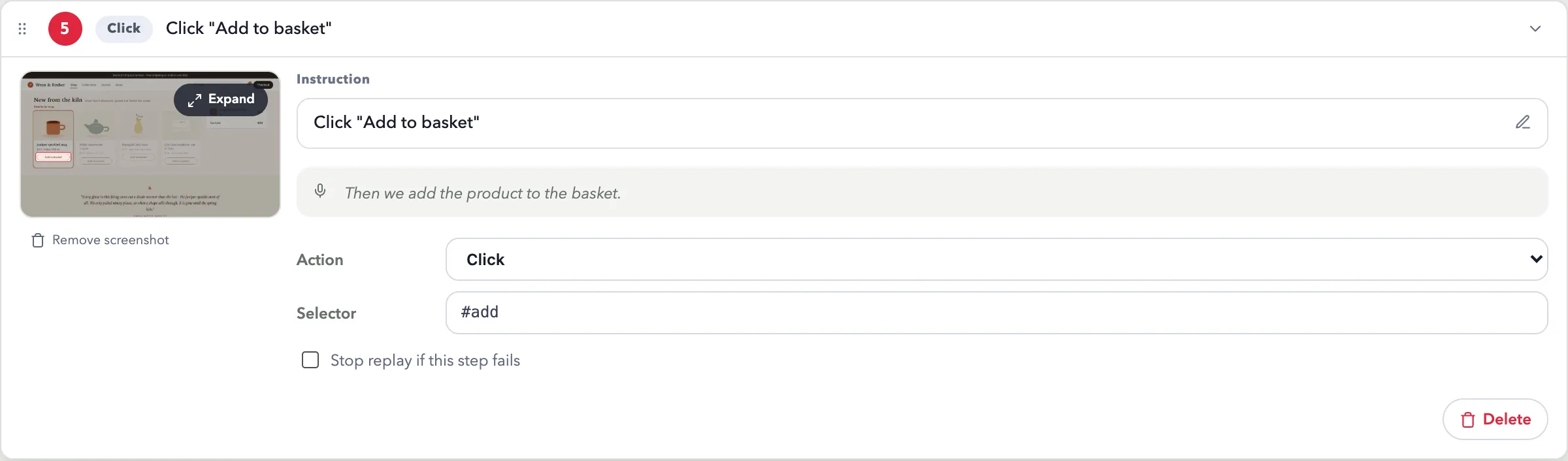 The Itra editor showing one step: its screenshot, instruction, narration and selector.