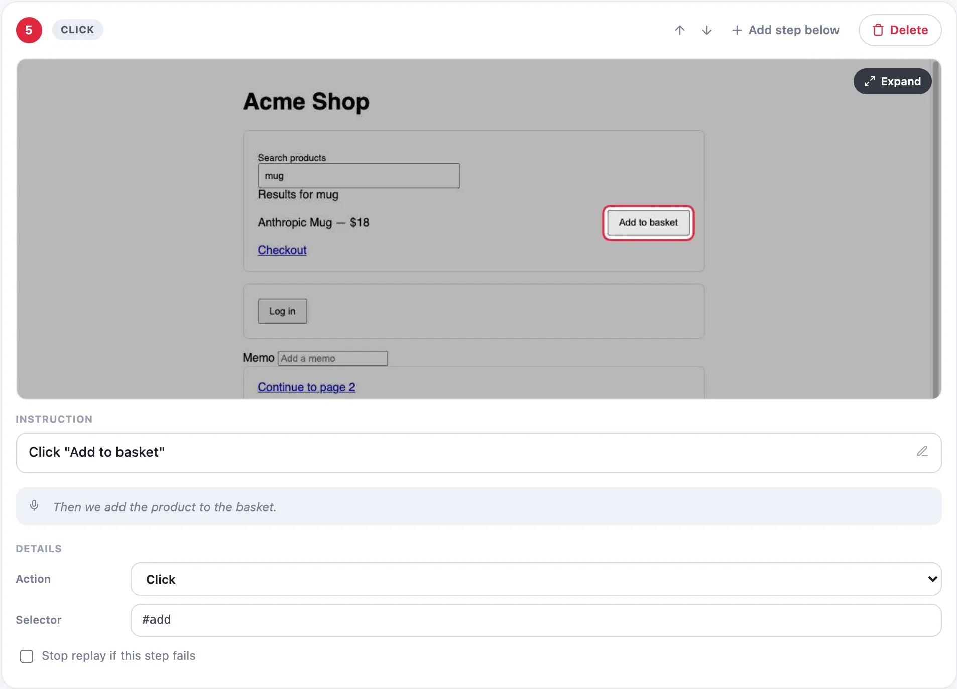 A step card in the editor. It carries the screenshot Itra captured, with the clicked “Add to basket” button outlined in red; the instruction “Click "Add to basket"”; the narration recorded with it, “Then we add the product to the basket.”; and an open Details section showing Action set to Click and Selector set to #add.