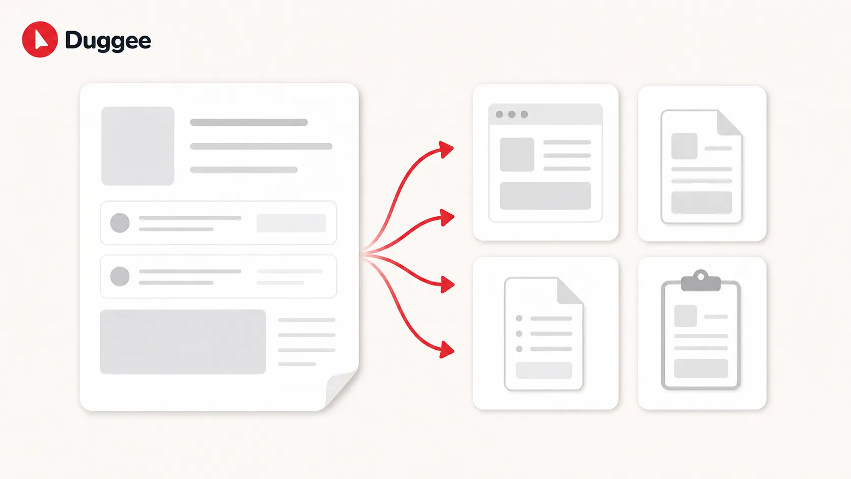 One guide with crimson arrows fanning out to a web page, PDF, document and clipboard.