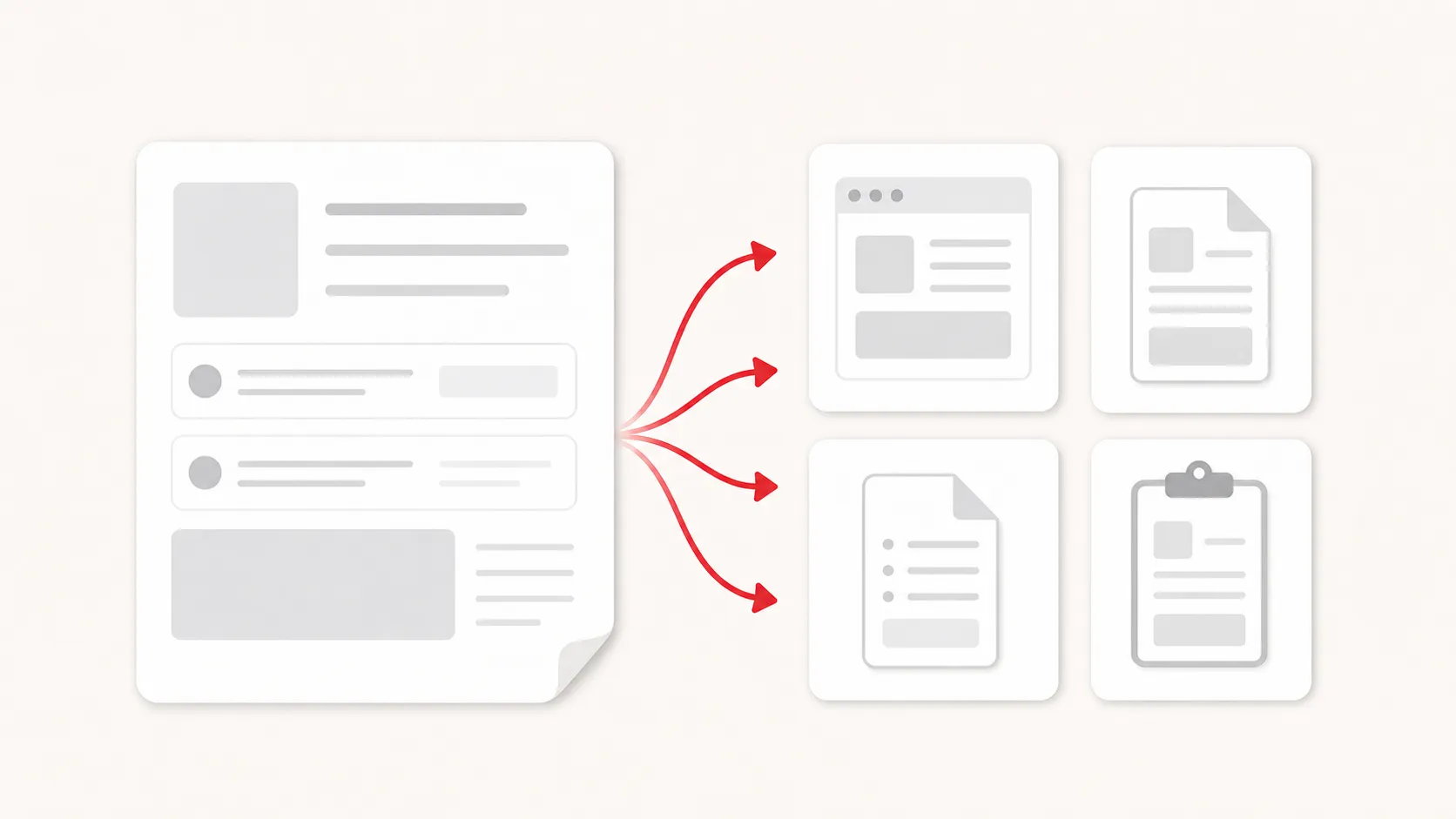 One guide with crimson arrows fanning out to a web page, PDF, document and clipboard.