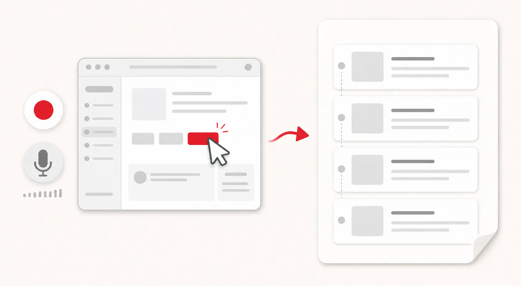 A browser being recorded as a cursor clicks a crimson button, with a microphone and record dot, transforming into a step-by-step guide.